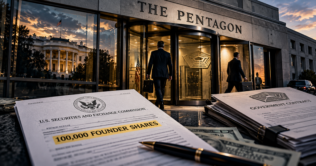 George Kollitides Pentagon investigation illustration showing revolving doors, White House reflection, SEC disclosure of 100,000 founder shares, and government contracts.